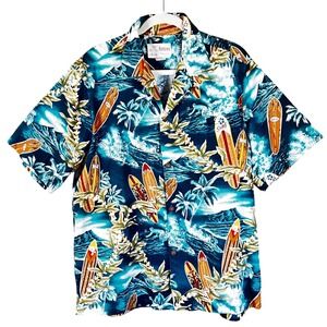Palmbrand Hawaiian Shirt Mens Large Blue Surfboard Wave Tropical Made in Hawaii